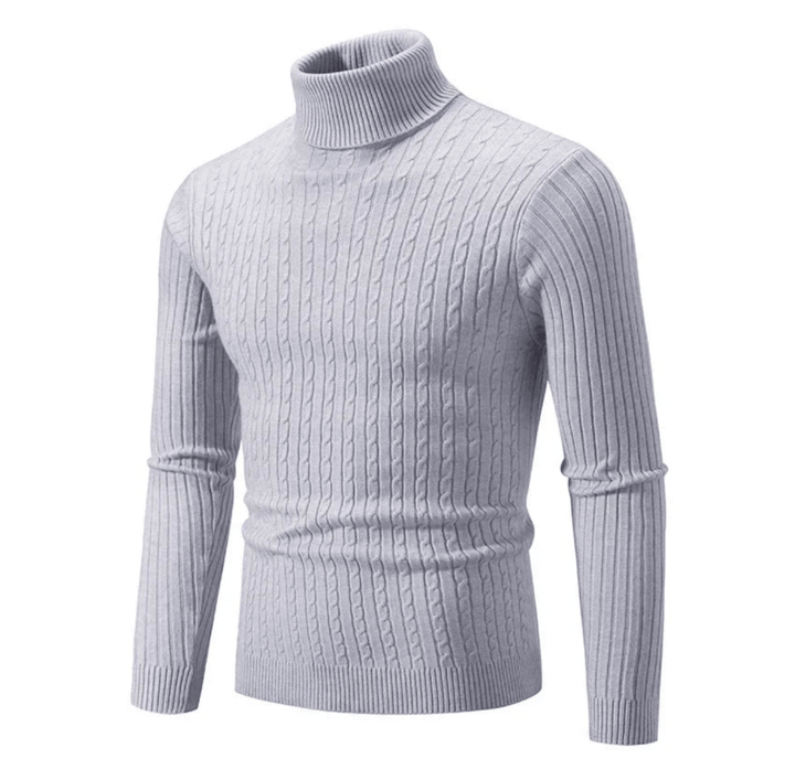Dettaglio del maglione dolcevita a coste da uomo, mostrando la texture elegante e il comfort.