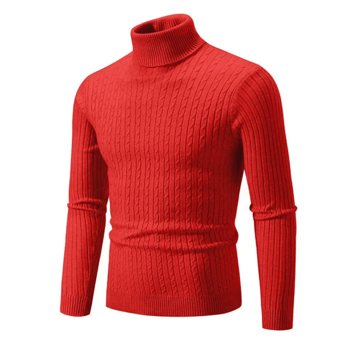 Uomo indossa maglione dolcevita a coste, creando un look raffinato e adatto all'inverno.