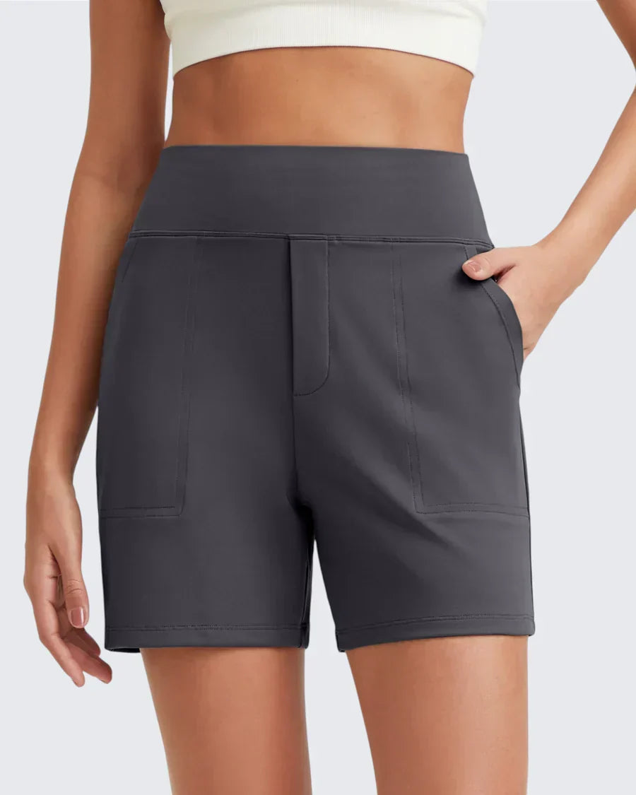 Shorts donna casual per vacanze, vita alta, tasche pratiche, comfort assicurato, abbigliamento estivo.