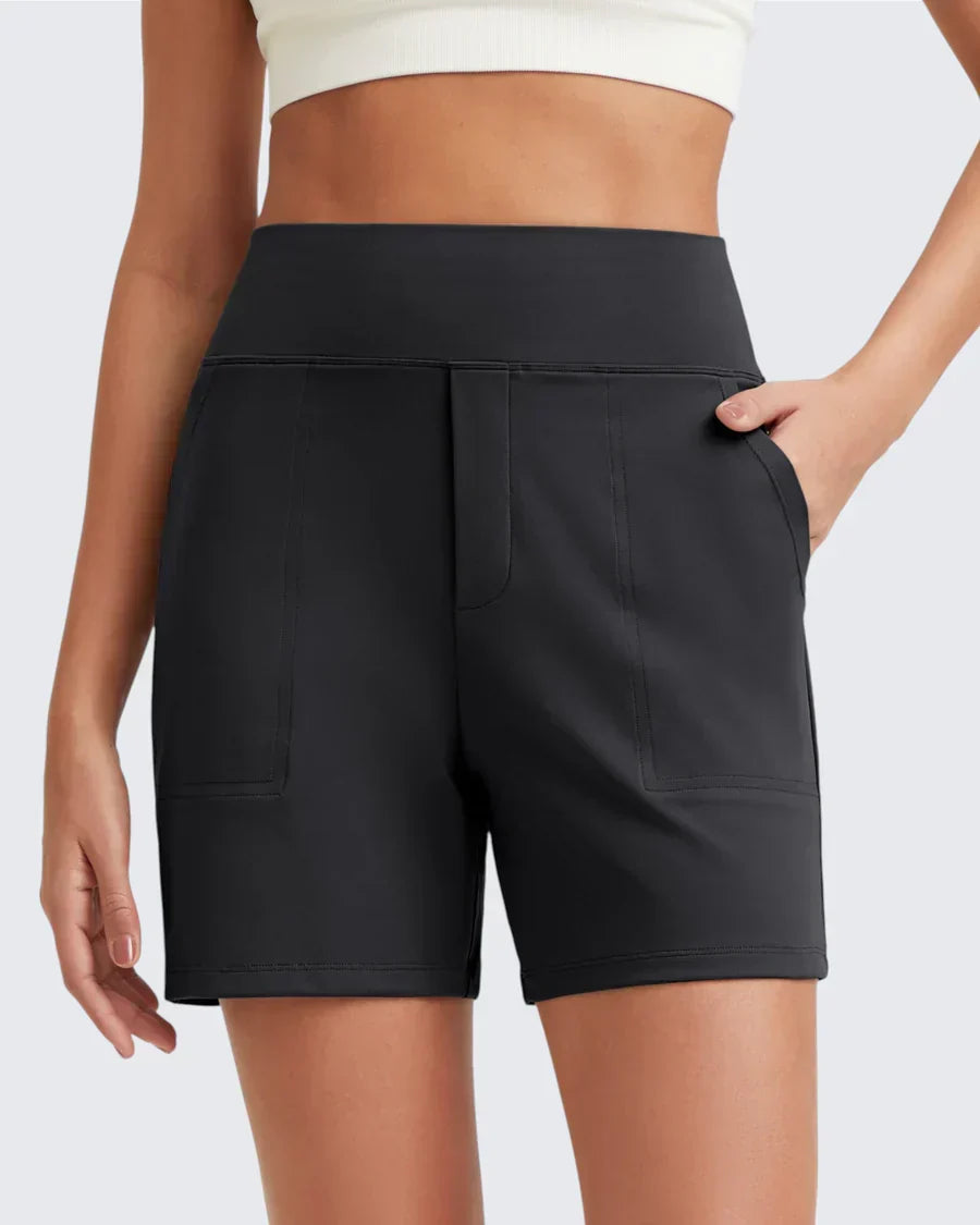 Shorts donna estivi, vita alta, tasche per praticità, perfetti per giornate di sole e vacanze.