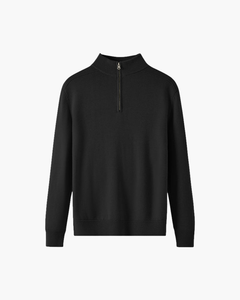Maglione uomo grigio versatile con mezza zip e collo alto, ideale per abbigliamento maschile.