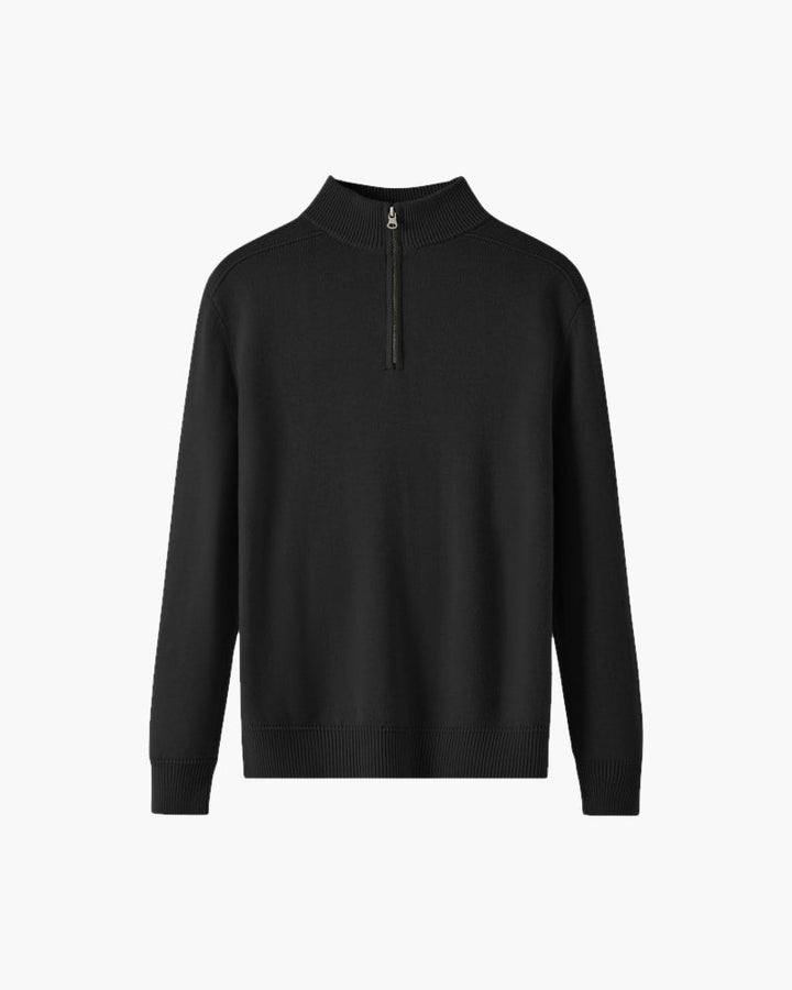 Maglione uomo grigio versatile con mezza zip e collo alto, ideale per abbigliamento maschile.