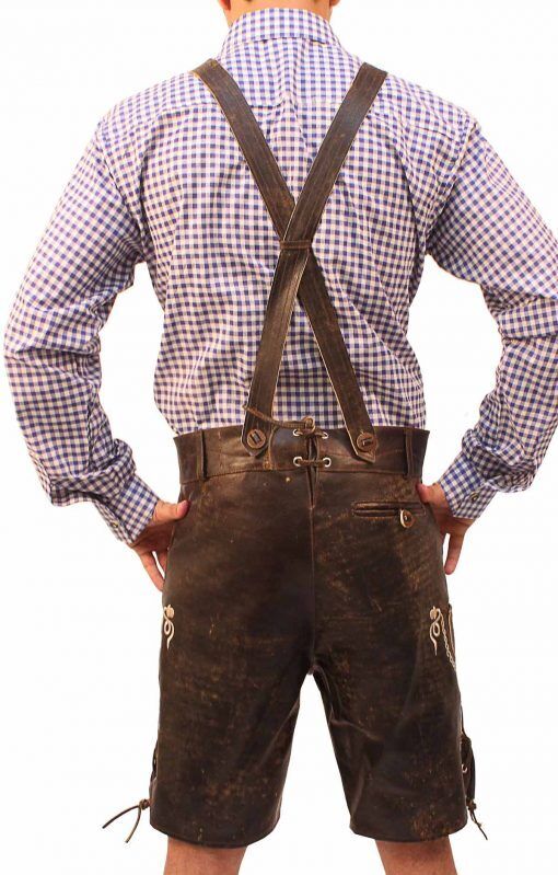 Costume bavarese da uomo: lederhosen marroni tradizionali per Oktoberfest, ideali per festival della birra e eventi.