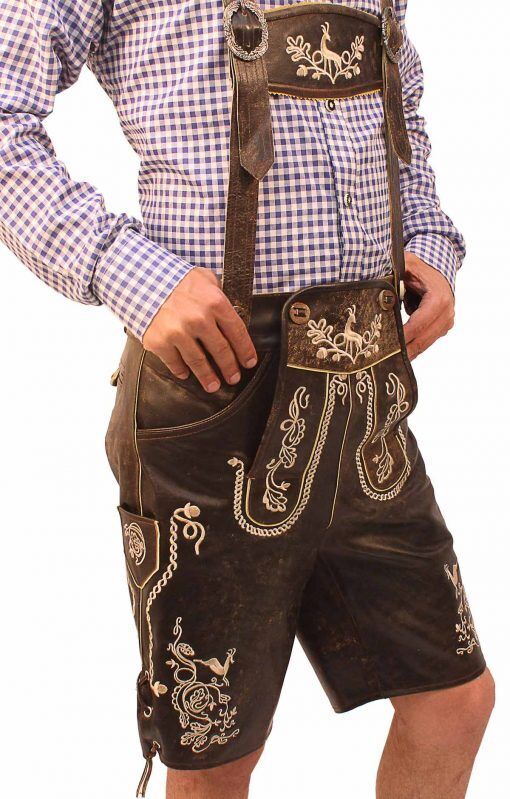 Ricami dettagliati su lederhosen tradizionali da uomo, costume bavarese autentico per Oktoberfest e feste a tema.