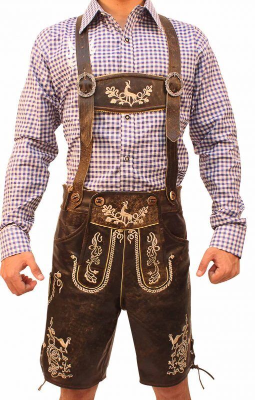 Lederhosen tradizionali da uomo marroni per Oktoberfest, ricamati con dettagli bavaresi, perfetti per festival birra.