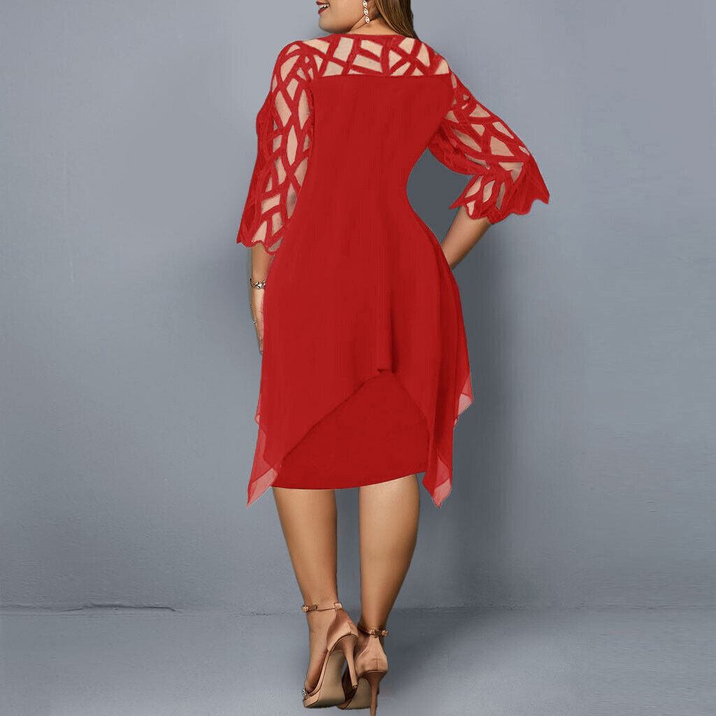 Abito da sera rosso taglie forti, modello midi elegante con vestibilità chic e linea moderna.