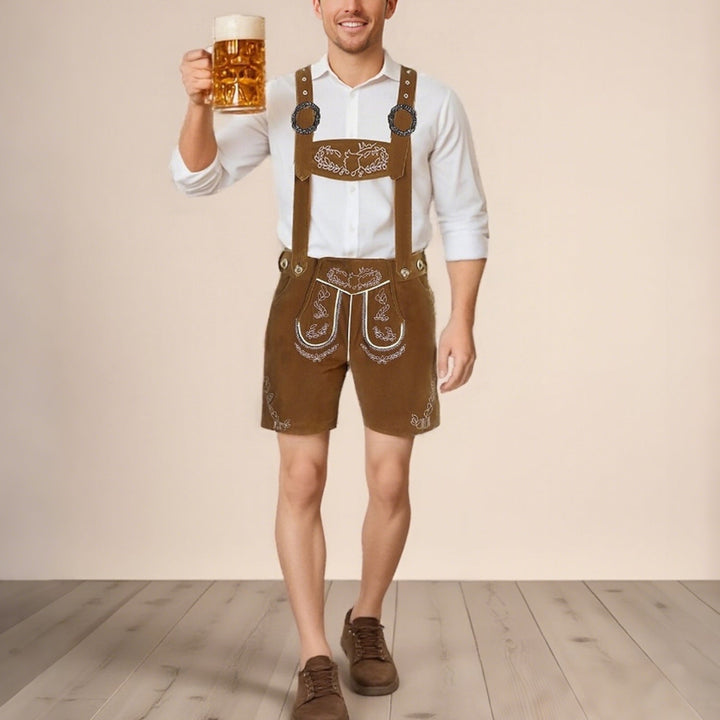 Lederhosen uomo tradizionali marroni con ricami dettagliati, perfetti per Oktoberfest e feste bavaresi.