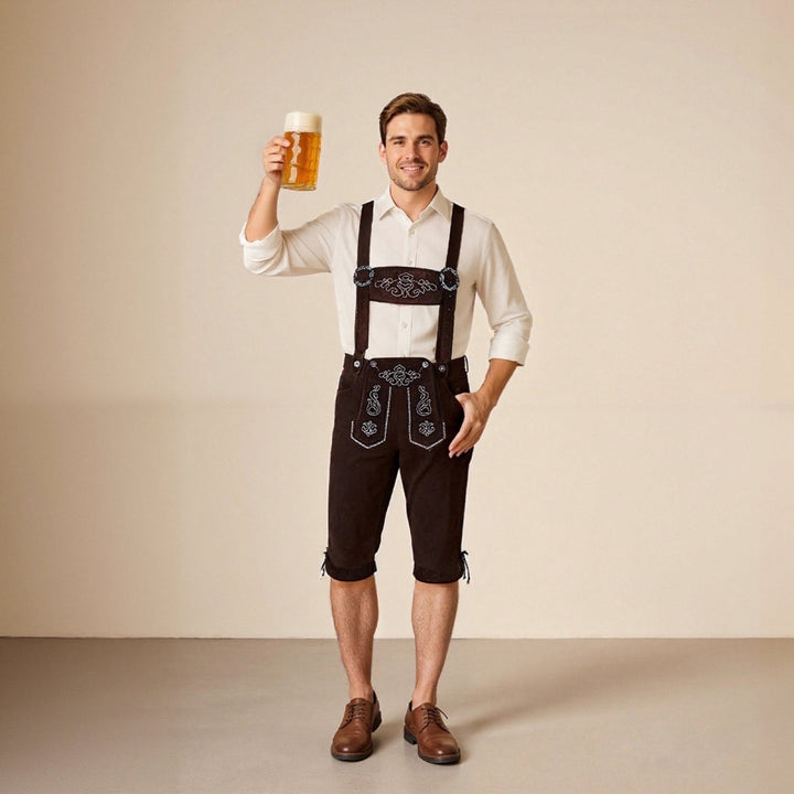 Pantaloni Lederhosen uomo in pelle colore caffè con ricami, bretelle. Stile bavarese tradizionale.