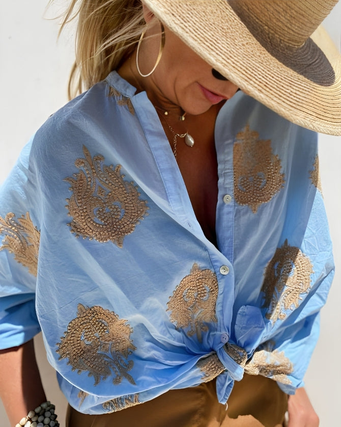 Camicia lunga donna stampa boho, blusa estiva leggera. Perfetta per primavera/estate, look casual o moda mare.