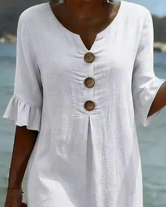 Vestito midi da donna ideale per feste e cerimonie, con scollo a V e maniche a volant, un look sofisticato.