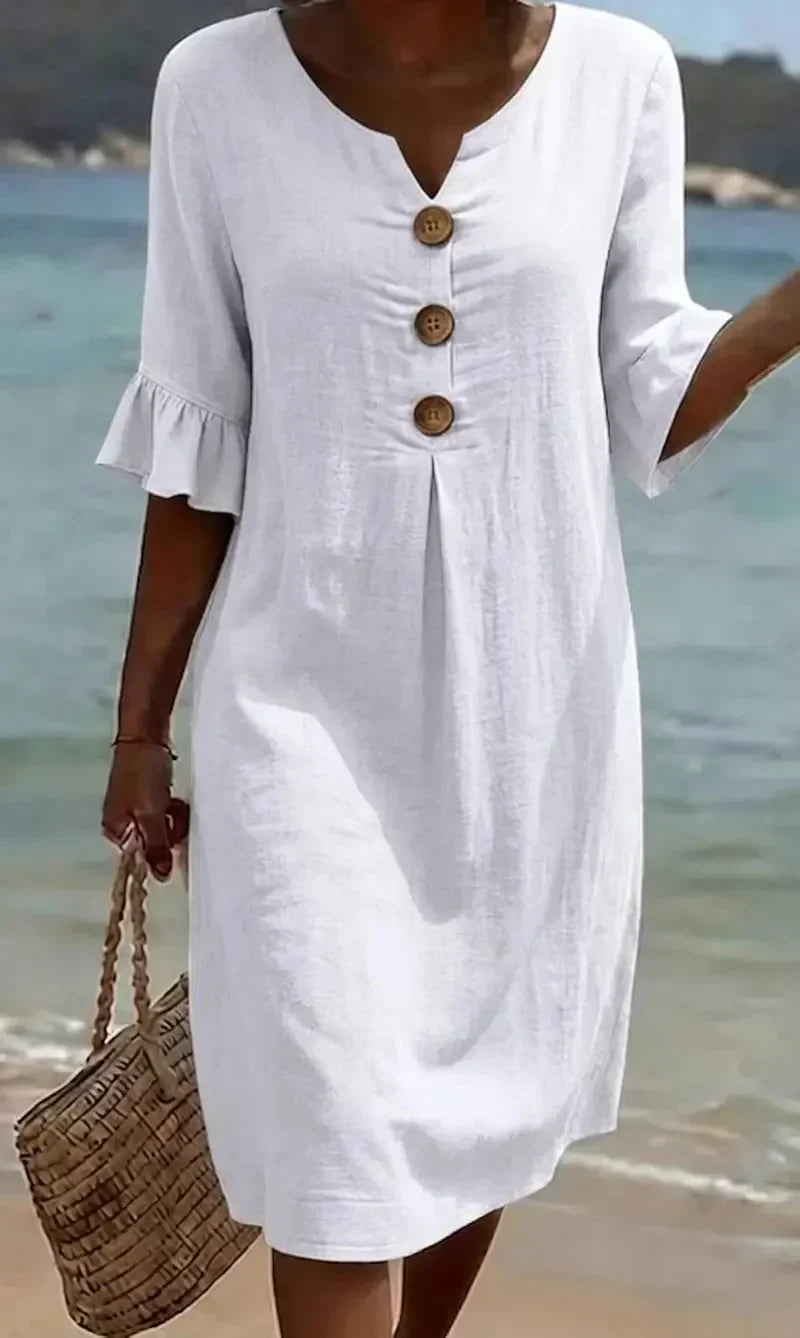 Vestito midi donna estivo-primaverile, scollo a V e maniche a volant, stile casual ma chic per il giorno.