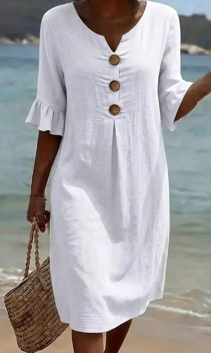 Vestito midi donna estivo-primaverile, scollo a V e maniche a volant, stile casual ma chic per il giorno.