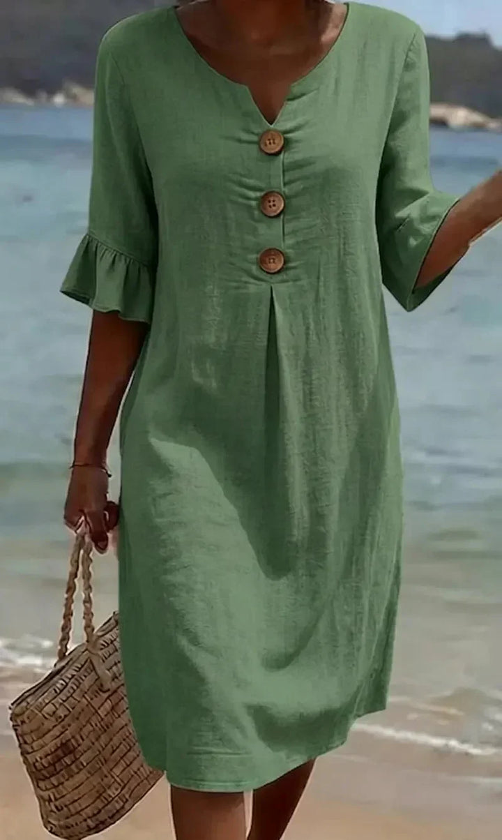 Abito midi donna elegante-casual con scollo a V e maniche a volant, perfetto per look sofisticati o quotidiani.