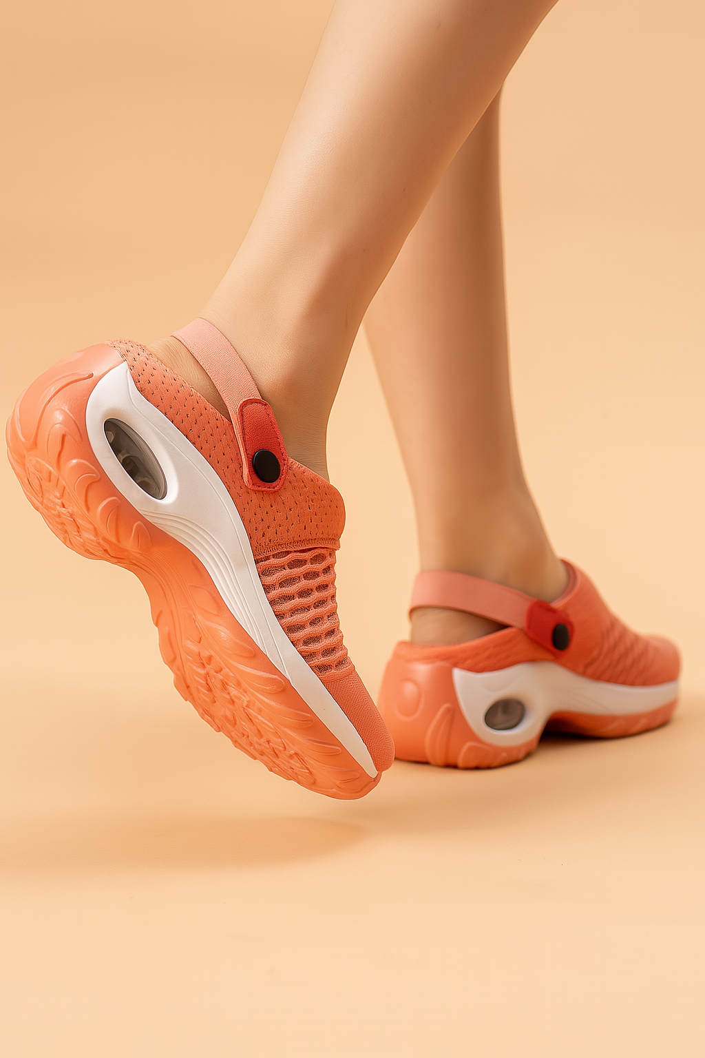 Donna indossa zoccoli ortopedici traspiranti con cinturino regolabile, ideali per passeggio e vita quotidiana, massimo comfort.