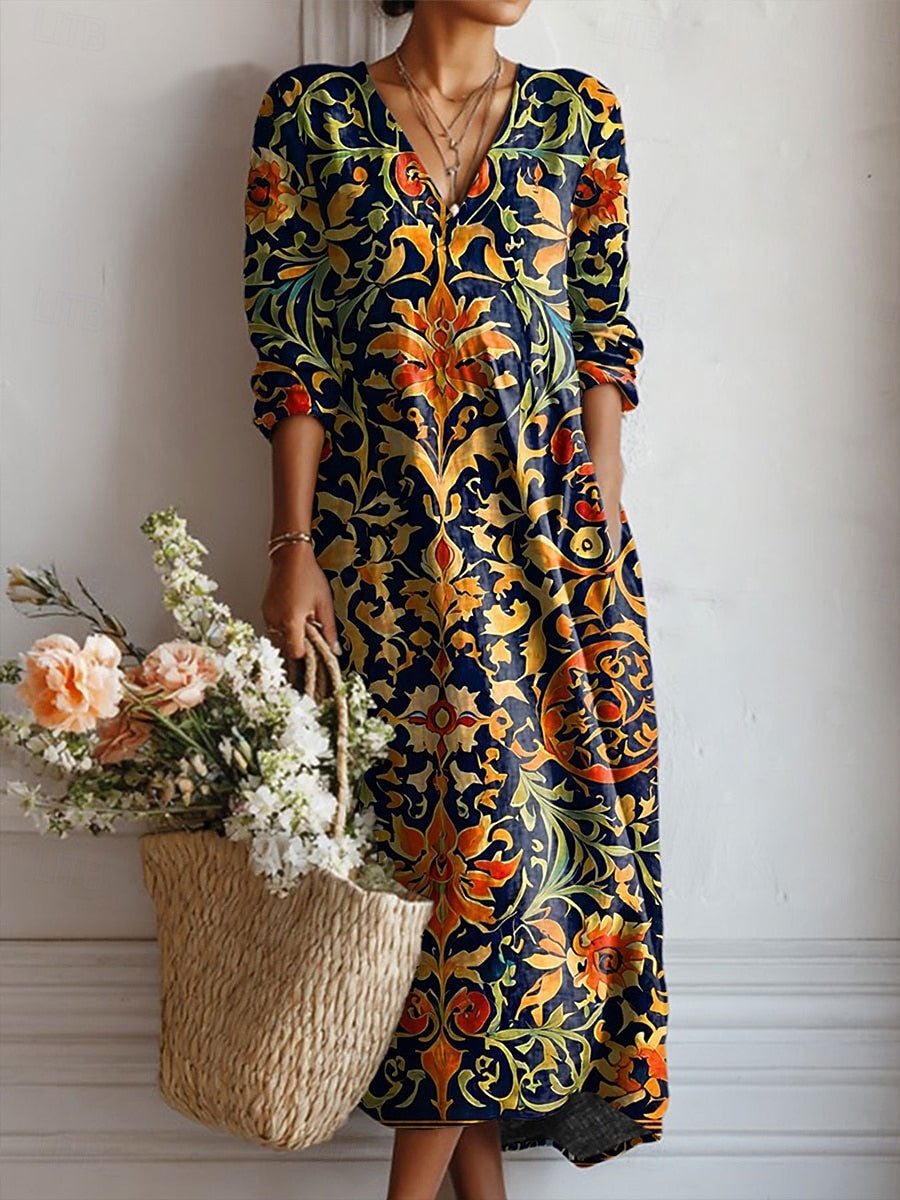 Abito casual da donna floreale multicolore, vestibilità comoda con tasche, ideale per primavera ed estate.