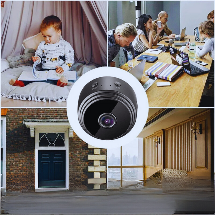 Telecamera WiFi smart HD 1080P per sicurezza casa, ideale per camera bambini o ufficio domestico.