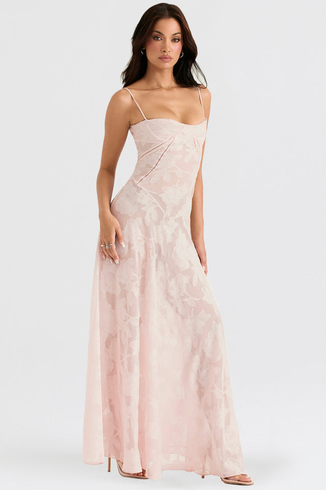 Abito lungo elegante con pizzo floreale e look brillante, per la donna moderna.