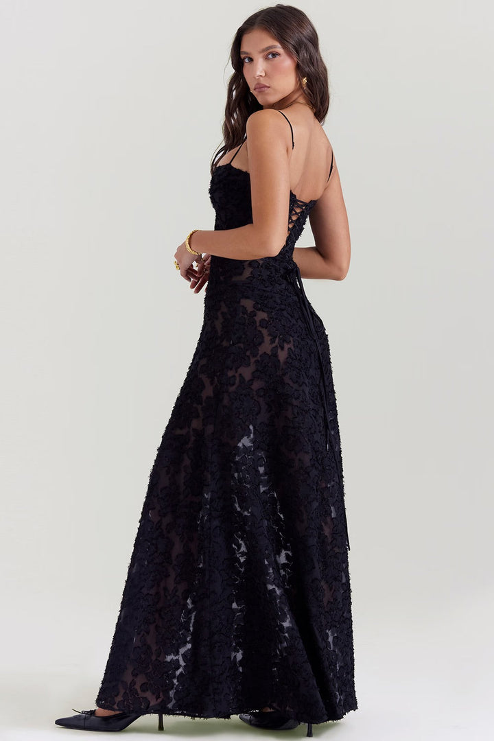 Vestito da sera lungo brillante donna, con raffinati dettagli in pizzo.
