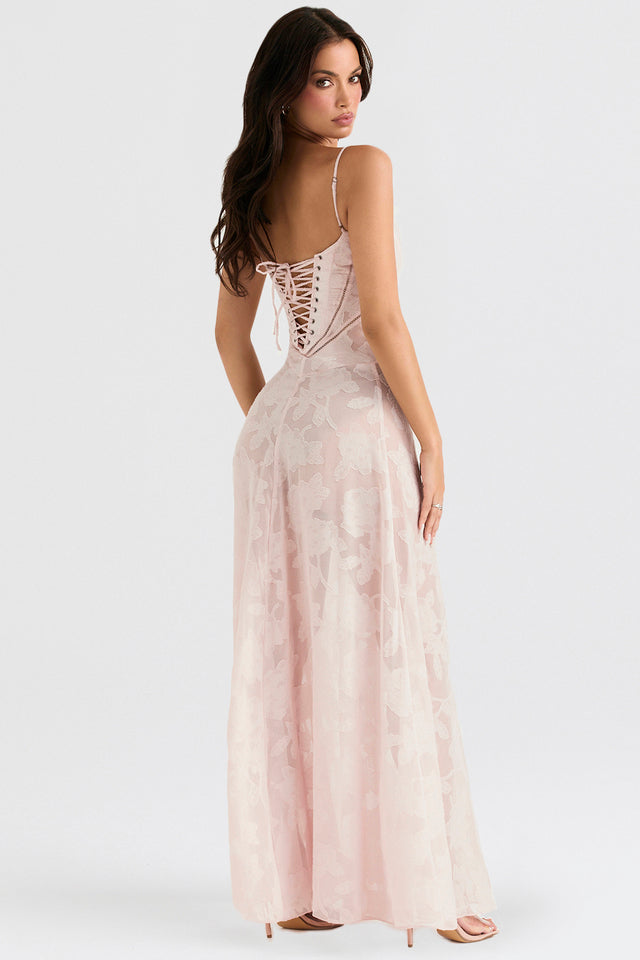 Vestito da sera lungo con pizzo scintillante, capo elegante per occasioni speciali.