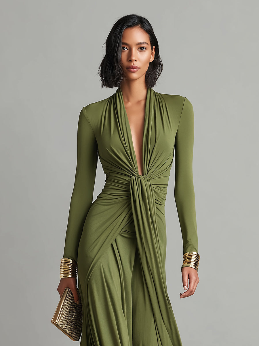 Vestito lungo da sera verde per donna, con profondo scollo a V e maniche lunghe, ideale per feste.