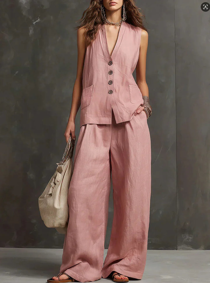 Set donna primaverile con gilet chic e pantaloni ampi. Abbigliamento moda donna versatile e confortevole.
