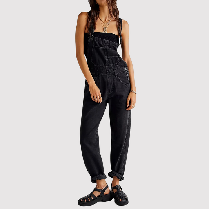 Salopette denim da donna, perfetta per un look moderno e rilassato in primavera e autunno.