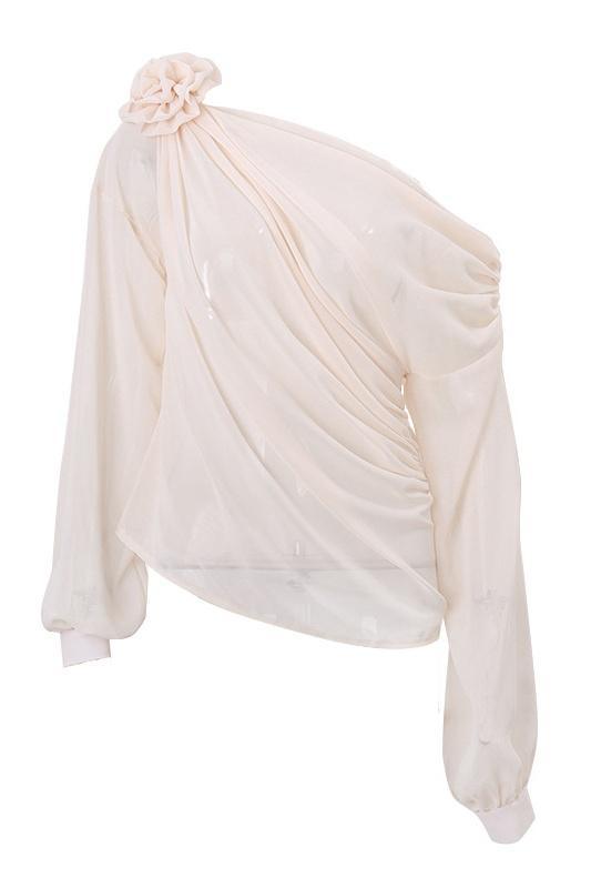 Moderna camicetta floreale asimmetrica da donna, con maniche lunghe, adatta per look eleganti e casual.