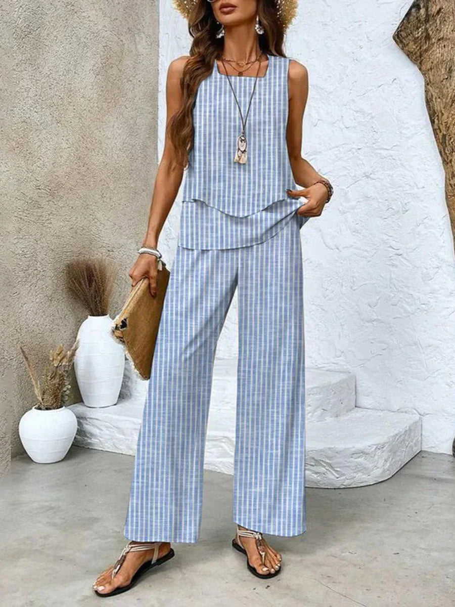 Completo donna primavera estate: top scollo quadrato e pantaloni fluidi a righe. Abbigliamento estivo comodo e trendy.