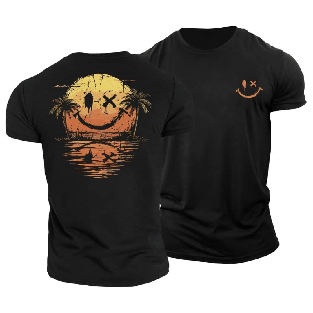 Maglietta grafica uomo con stampa smiley, ideale per le vacanze o un outfit estivo alla moda.