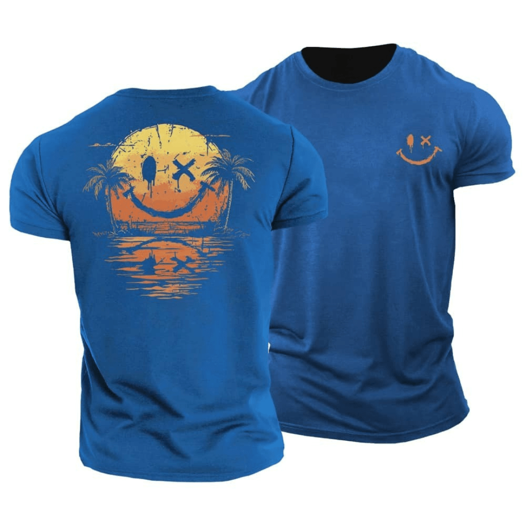 Top estivo uomo in cotone leggero con iconica stampa smiley, perfetto per giornate calde e casual.