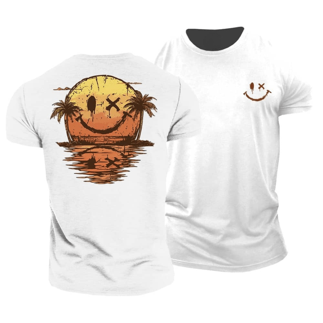 T-shirt uomo estiva con stampa smiley, versatile per look da spiaggia o stile urbano rilassato.