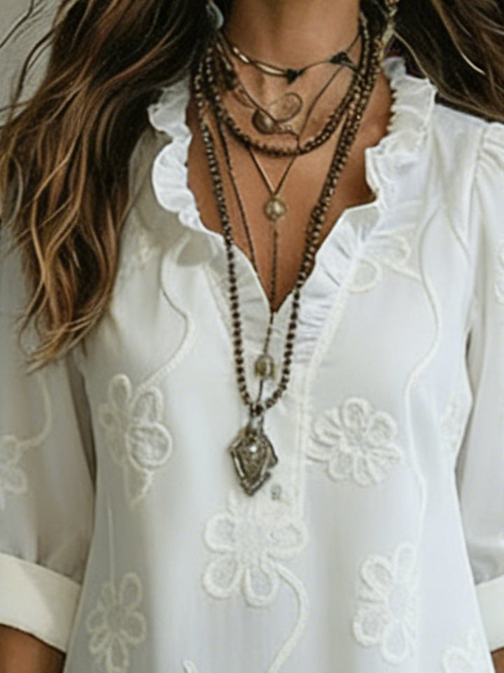 Vestito A-line elegante da invitata matrimonio autunnale, con delicato ricamo floreale stile boho.
