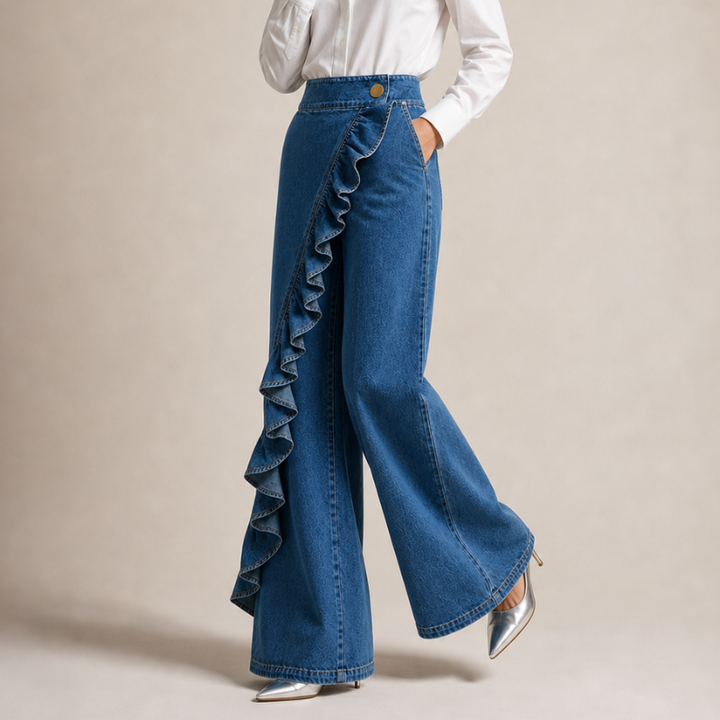 Pantaloni a vita alta con volant e gamba larga, stile casual elegante. Disponibili in azzurro, nero, blu donna.