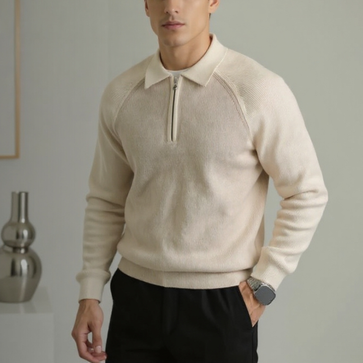 Maglione uomo beige in maglia, mezza zip, colletto polo e maniche raglan. Abbigliamento.