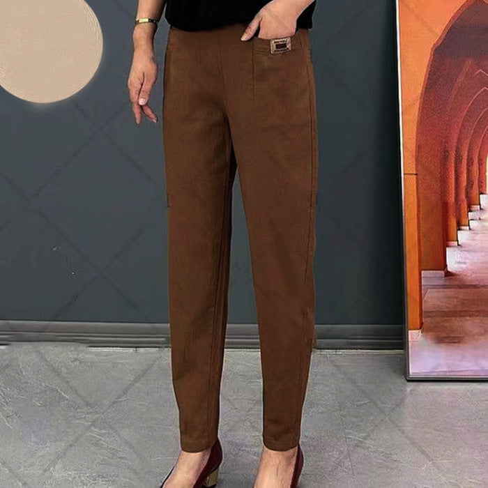 Pantaloni eleganti casual donna, abbigliamento versatile per ufficio o tempo libero, con vita elastica.