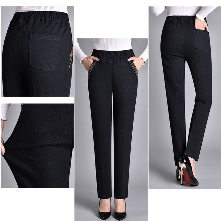 Pantaloni casual femminili: jeans dritti con vita elastica e tasche, ideali per abbigliamento di tutti i giorni.
