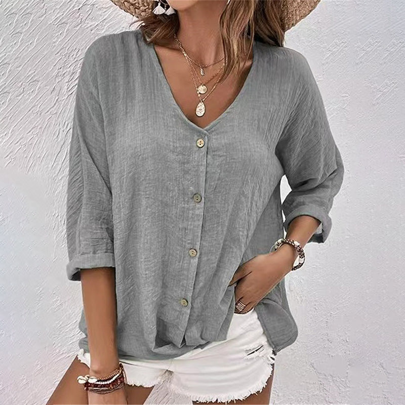 Camicia versatile scollo a V, maniche lunghe. Perfetta per lavoro o tempo libero, abbigliamento femminile.