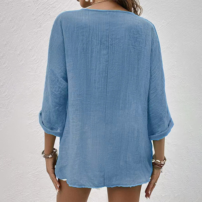 Blusa donna scollo a V, maniche lunghe. Camicia in cotone traspirante, comoda per diverse stagioni.