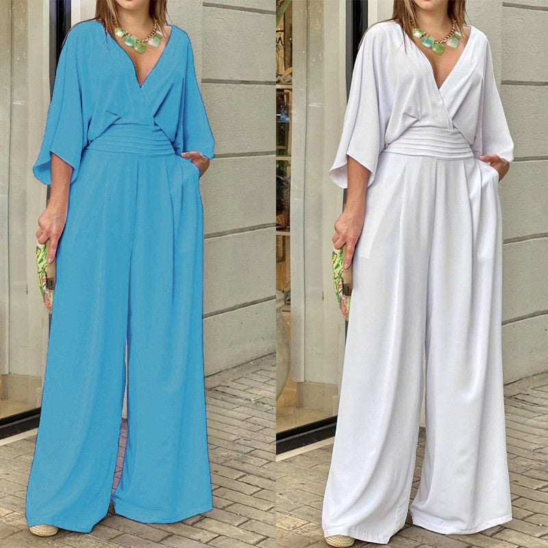 Tuta lunga donna elegante, scollo a V, gamba larga. Ideale per cerimonia, sera o un look raffinato.