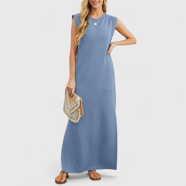 Abito lungo estivo donna casual con scollo rotondo, vestito comodo e ampio, perfetto per l'estate.