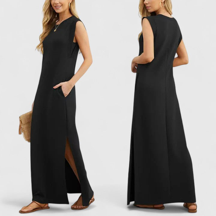 Abito donna lungo senza maniche, stile ampio e comodo, ideale per il relax estivo, disponibile in vari colori.