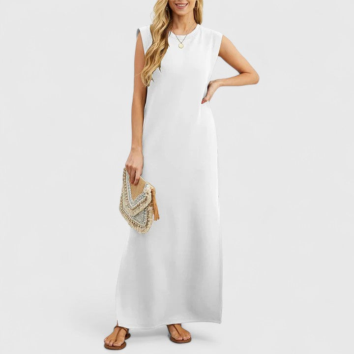 Elegante abito lungo donna casual, scollo rotondo e vestibilità ampia, perfetto per outfit estivi chic.