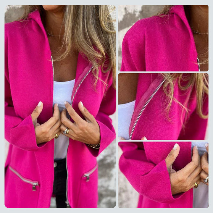 Giacca marrone da donna a maniche lunghe con zip. Ideale per look moderni, eleganti o casual chic.