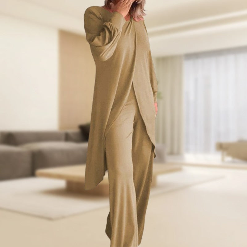 Outfit primavera donna due pezzi, con top e pantaloni, morbido e versatile per un look casual quotidiano.