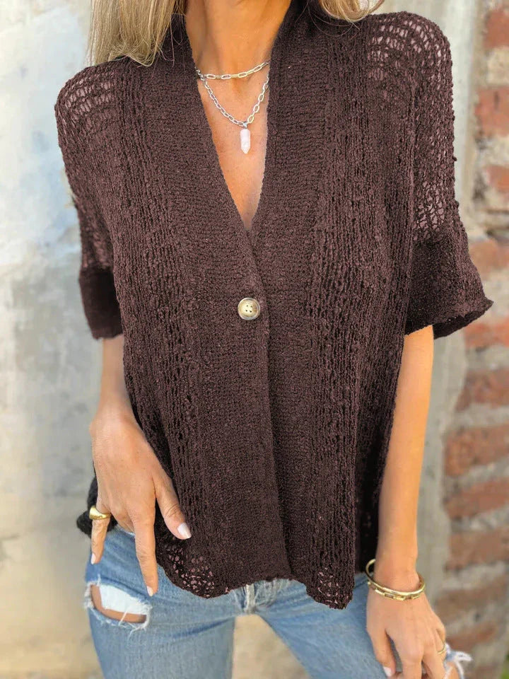Cardigan donna con bottoni, maniche lunghe, stile versatile. Abbigliamento moda per primavera e autunno.