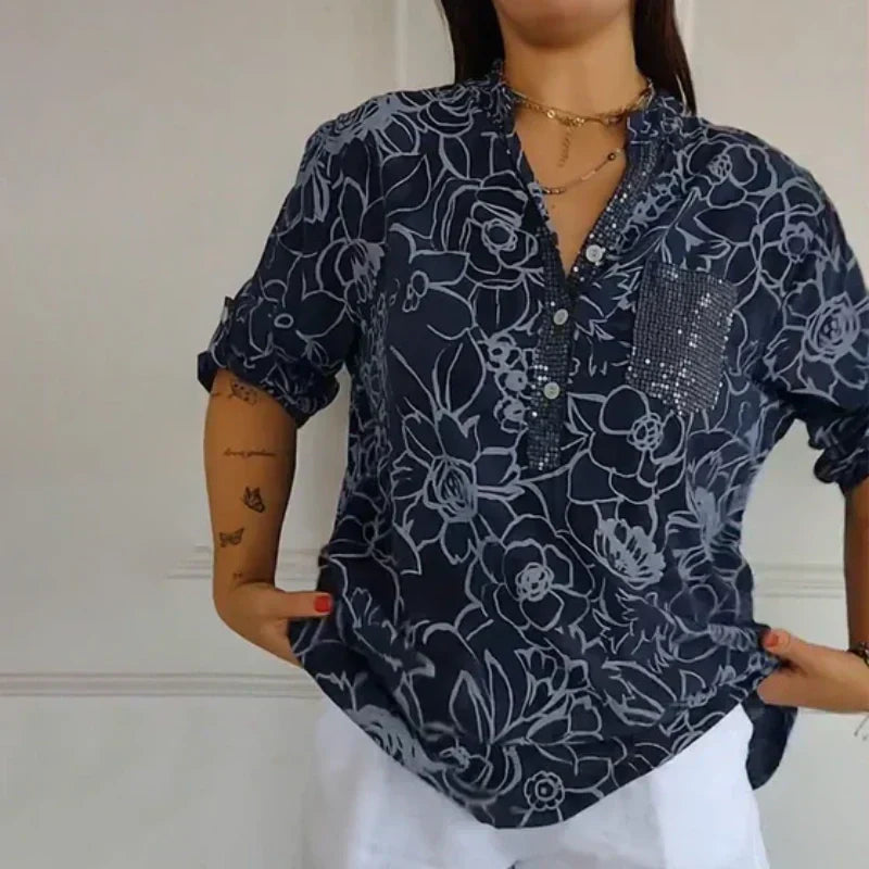 Top donna floreale primaverile con maniche lunghe e vestibilità ampia, un capo versatile ed elegante.