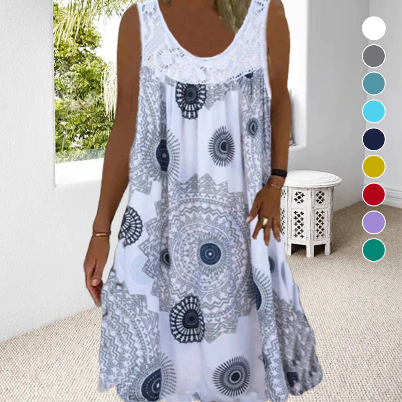 Abito casual chic da donna, ampio e senza maniche, con una moderna stampa grafica. Versatile per il tuo guardaroba.