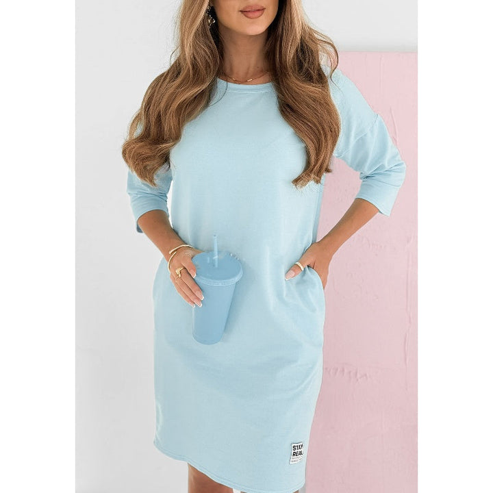Vestito estivo donna blu, mini abito comodo con tasche e maniche 3/4, perfetto per la moda di tutti i giorni.