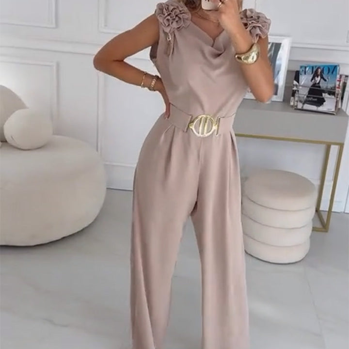 Tuta elegante da donna kaki con vivaci fiori 3D e cintura, jumpsuit senza maniche con gamba larga.