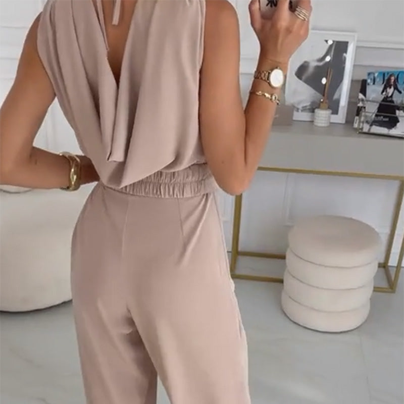 Jumpsuit donna kaki con design floreale 3D e cintura in vita, ideale per un look sofisticato da sera.